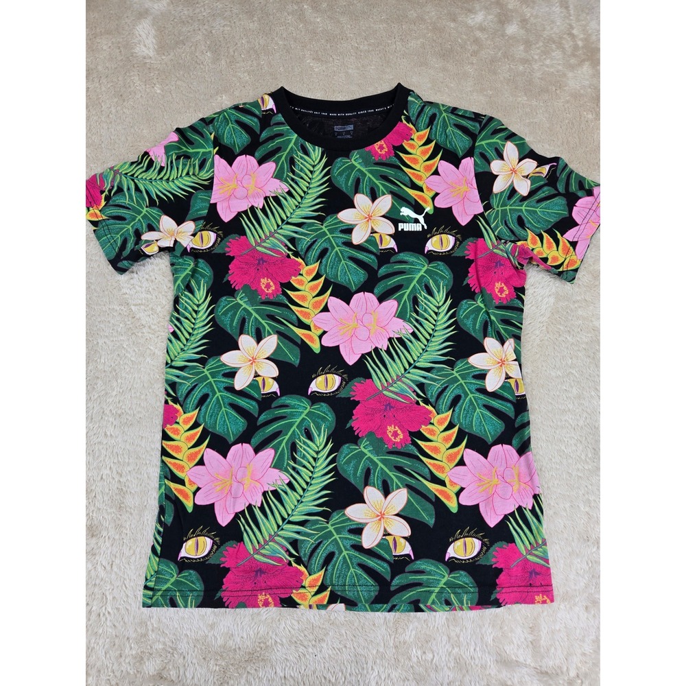 Puma Men's Tropical Floral Print T Shirt Black Pink‎ Green Size S